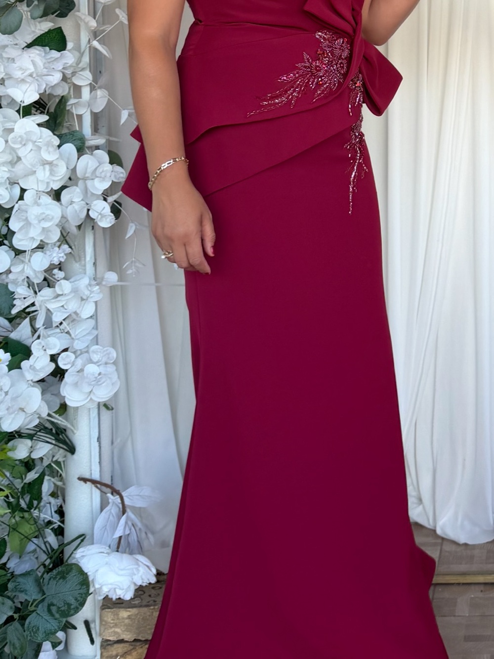 Terani Couture Burgundy Beaded Peplum Evening Gown